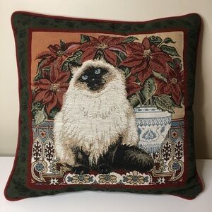 Christmas Tabby Cat Tapestry Pillow Poinsettias Holiday 16" x 16" Square Fashion